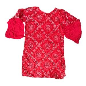 Girls Red Bandhani Print Kurti‎ Bell Sleeve Indian Ethnic Tunic Top Size 32